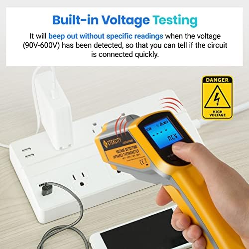 Etekcity Infrared Thermometer 1025D (Not for Human) Dual Laser Temperature Gun-58℉~1022℉ (-50℃~550℃) with Adjustable Emissivity, Non-Contact Voltage Tester (NCV), Standard Size, Yellow & Gray