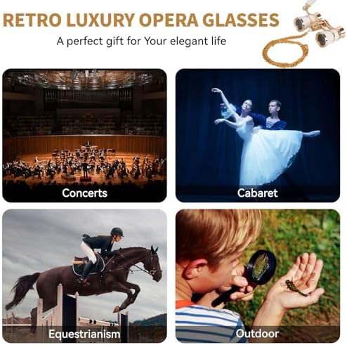 3X25 Opera Glasses for Women with Adjustable Handle & Chain,BK7 Optical Lens, Vintage Compact Mini Theater Binoculars Adults Kids in Opera Musical Concert-White