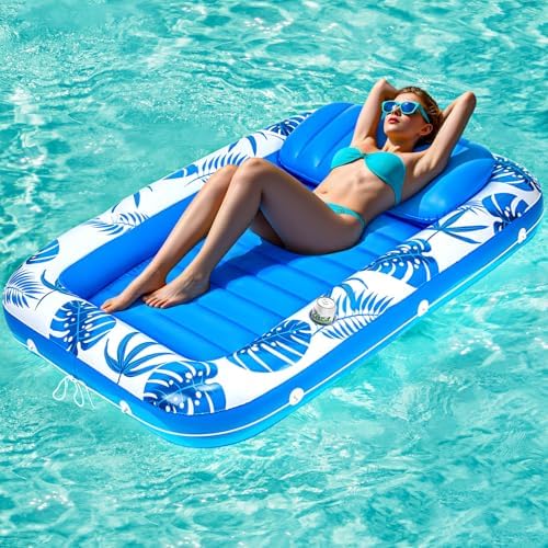 Pool Floats Inflatable Tanning Pool Lounger Float, 71" x 48" Large Pool Floats Adult with Pillow & Drink Holder,Sunbathing Water Lounge Floaties Tub Raft for Lake, Backyard, Beach Pool Party