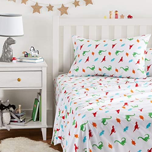 Amazon Basics Kid's Soft Easy-Wash Lightweight Microfiber 3-Piece Sheet Set, Toddler, Multi Color, Dinosaurs