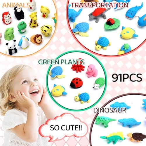 91Pcs Animal Erasers Desk Pets for Kids Animal Pencil Erasers Bulk Puzzle Eraser Toys Gifts for Classroom Prizes,Game Reward,Treasure Box,Easter Egg Fillers,Goodie Bag Stuffers,Party Favors