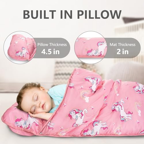 Primlect Thickened Toddler Nap Mat with Removable Pillow and Minky Blanket, Extra Large 55''x35'' Sleeping Bag, Washable, Roll up, Perfect for Daycare, Preschool, Kindergarten, Boys and Girls Unicorn