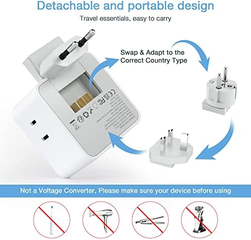 TESSAN All European UK Travel Plug Adapter Kit, International Detachable with 3 Outlet 3 USB Charger (1 USB C), Type C/G/E/F EU Ireland Power Adaptor, US to Europe Italy Spain France Greece