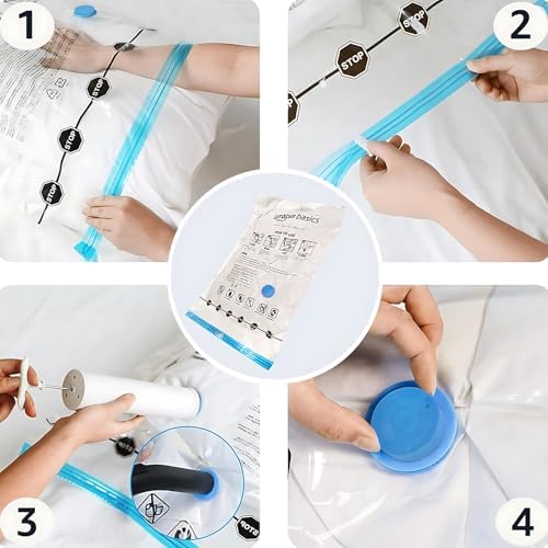 Amazon Basics Vacuum Compression Space Saving Storage Bags with Hand Pump for Clothes Packing, Jumbo, Clear, Pack of 6