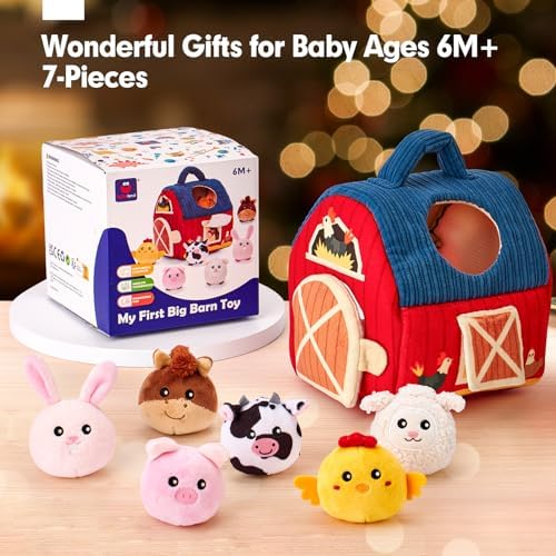 hahaland Baby Toys 6-12 Months - Surprise Barn with Stuffed Farm Animals, Rattle, Crinkle Paper, Mirror - Montessori Toys for 6 Month Old Babies, Sensory Balls Toddlers 1-3, 1 Year Old Boy Girl Gifts