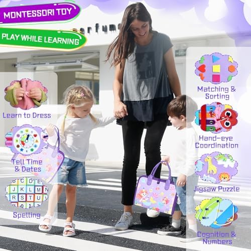 Esjay Toddler Busy Board Montessori Toys for Girls, Sensory Board Educational Activities Learning Fine Motor Skills, Birthday Gifts for Girls Toddlers, Travel Toys for Airplane Car, Purple Merpeople