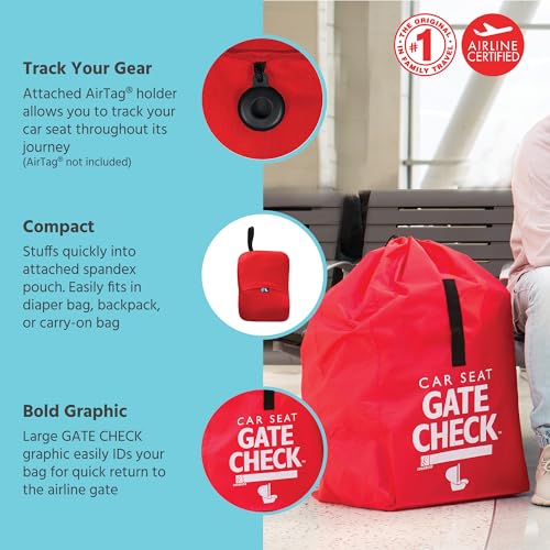 J.L. Childress Gate Check Bag for Car Seats - Travel Bag for Airplane - Includes AIRTAG Holder - Fits All Baby Car Seats, Infant Carriers & Child Booster Seats, Red
