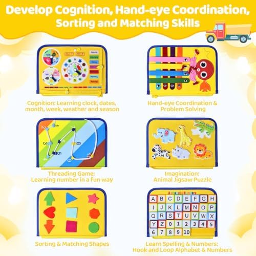 Esjay Toddler Busy Board Montessori Toys for Boys Girls, Sensory Board Educational Activities for Learning Fine Motor Skills, Birthday Gifts for Toddlers, Travel Toys for Airplane Car, Yellow Truck
