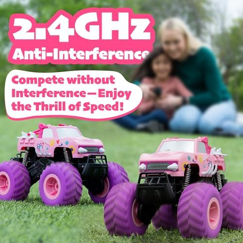 Threeking 1:16 Waterproof Pink RC Monster Truck Toys Amphibious Remote Control Car Pickup 4WD All-Terrain Toy Gift for Girls Ages 6 7 8 9 10 11 12 Durable Off-Road Fun for Indoor & Outdoor Play