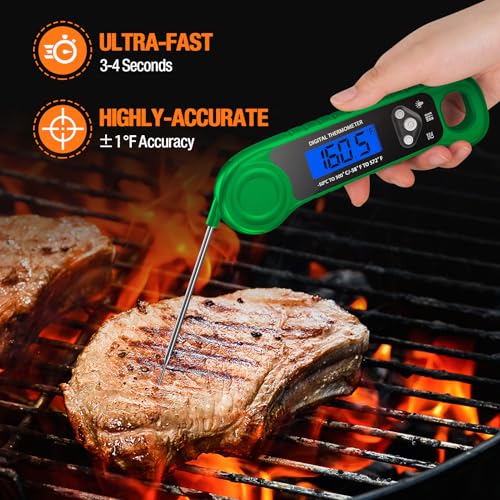 Digital Meat Thermometer for Grilling, Candy Thermometer Instant Read Food Thermometer Waterproof with Backlight for Cooking, Deep Fry, BBQ, Grill, Smoker and Roast (Green)