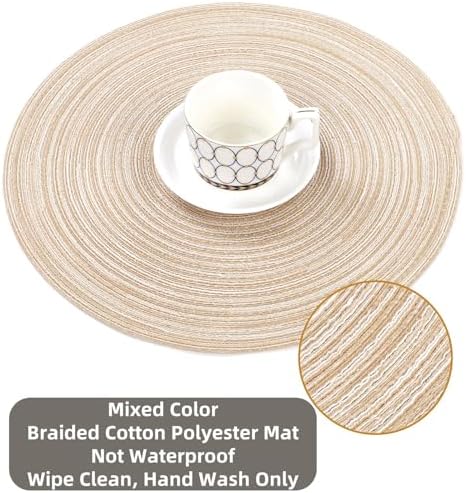 SHACOS 15 inch Round Braided Placemats Set of 6 Non Slip Heat Resistant Cotton Polyester Table Mats Washable Place Mats for Dinner Party Table Decoration (Beige, 6)