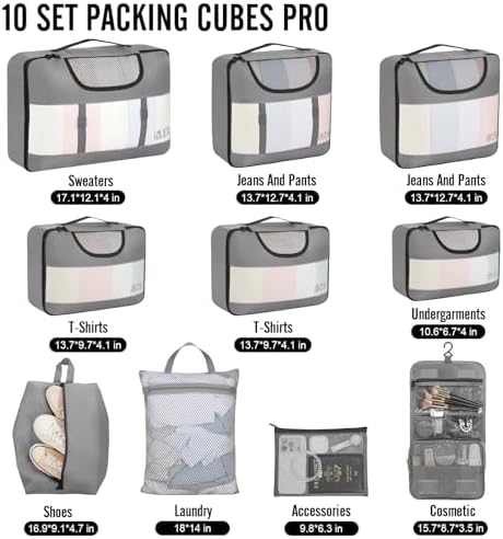 Veken 10 Set Packing Cubes for Travel Essential, Suitcase Organizer Bags in 4 Sizes, Carry-On Luggage Accessories with Large Laundry & Hanging Toiletry Bag, Must-Have for Airplane, Road Trip & Camping
