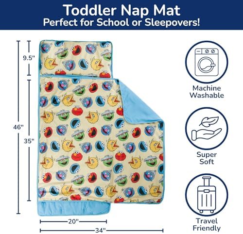 Jay Franco Toddler Nap Mat with Built-in Pillow and Blanket - Soft 46 x 20-inch Microfiber Kids Sleeping Bag for School or Sleepover, Yellow - Sesame Street