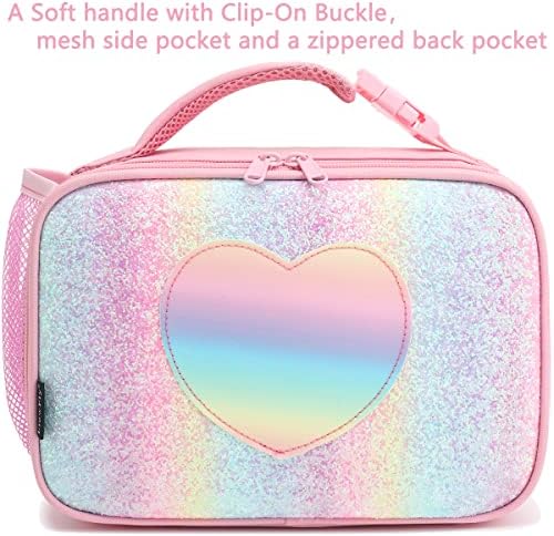 FlowFly Kids Lunch box Insulated Soft Bag Mini Cooler Back to School Thermal Meal Tote Kit for Girls, Boys, Glitter-RainBow