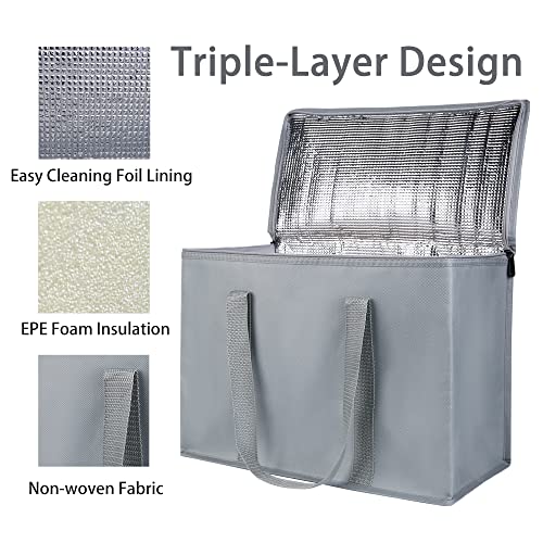 Bodaon 2-Pack Insulated Reusable Grocery Shopping Bags, X-Large Picnic Cooler Bag Zipper Zippered Top Cold, Grey