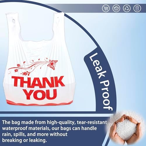 1000PCS White “Thank You” T-Shirt Bags – Reusable & Disposable Grocery and Supermarket Shopping Bags, 11"x6"x21"
