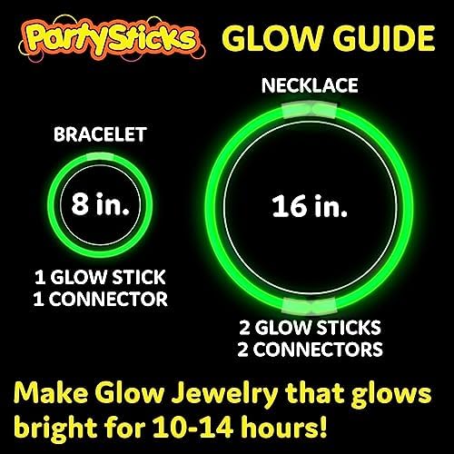 PartySticks Green Glow Sticks - 100pk, 8 Inch Glow in the Dark Light Up Sticks and Connectors for Party Favors, Decorations, Necklaces and Bracelets