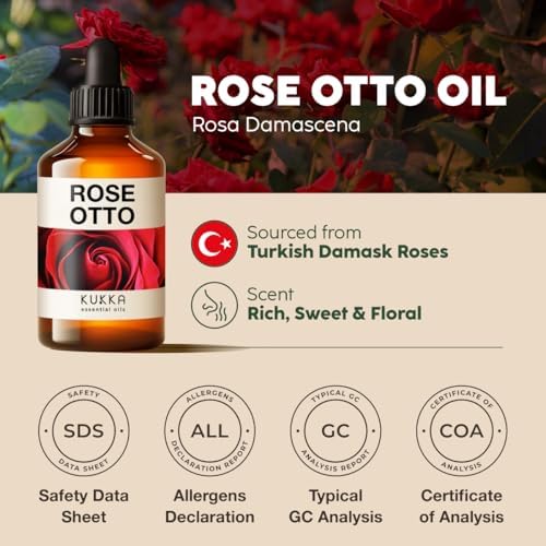 KUKKA Rose Otto Essential Oil for a Calming Retreat Promotes Smooth-Looking Skin with Rose Oil Essential Oil - 4 Fl Oz - Authentic Scent - Non-GMO and Cruelty-Free