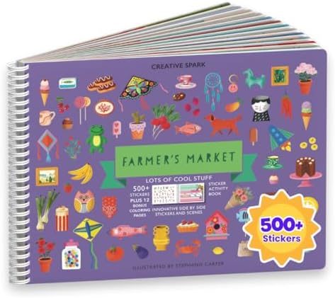 CUPKIN Sticker Book for Kids 2-4, 500+ Kids Stickers, Farmer's Market 12 Coloring Pages 12 Side by Side Scenes, Fun Toddler Travel Activity Coloring and Sticker Books for Children Ages 4-8 + 8-10