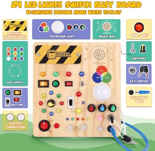 Busy Board,Montessori Toys for 1-3 Years Old, Wooden Toddler Toys, Autism Sensory Travel Toy, Ideal Gift for 1+ Year Old Boys (Busy Board v4)