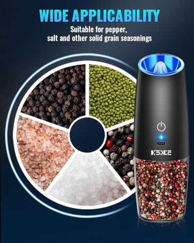 Rechargeable Electric Pepper and Salt Grinder Set, No Battery Needed, whit Gravity Sensing Switch and LED Light, One Hand Automatic Operation, Black 2 Pack