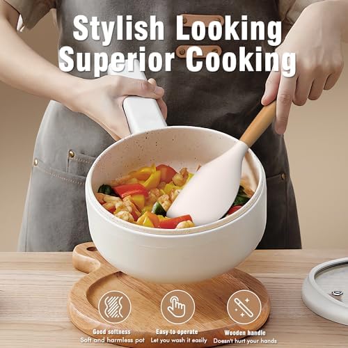 Silicone Cooking Utensils Set - Silicone Kitchen Utensils for Cooking Wooden Handles, 446°F Heat Resistant Kitchen Utensil Spatula Sets w Holder, Gadgets for Non-Stick Cookware BPA FREE (Cream White)