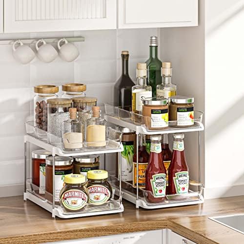 Delamu 2 Sets of 2-Tier Multi-Purpose Bathroom Under Sink Organizers and Storage, Stackable Kitchen Pantry Organization, Pull Out Medicine Cabinet Organizer with 8 Movable Dividers