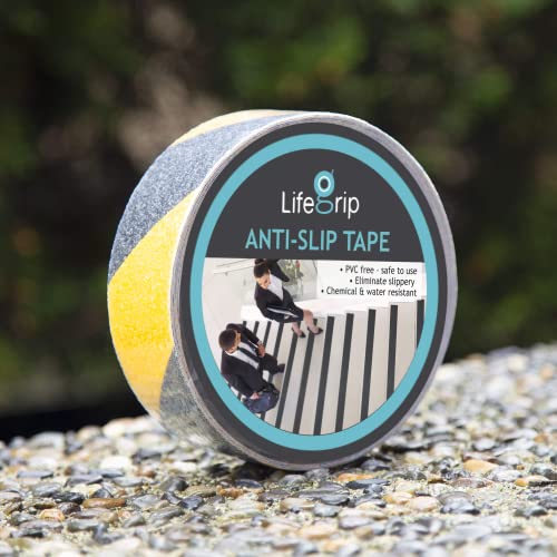 LifeGrip Anti Slip Traction Tape, 2 Inch x 60 Foot, Best Grip, Friction, Abrasive Adhesive for Stairs, Tread Step, Indoor, Outdoor, Caution Yellow/Black