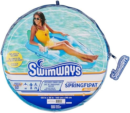 SwimWays Spring Float Premium Recliner Pool Lounger, Inflatable Pool Floats Adult with Fast Inflation for Ages 15 & Up, Sky Blue