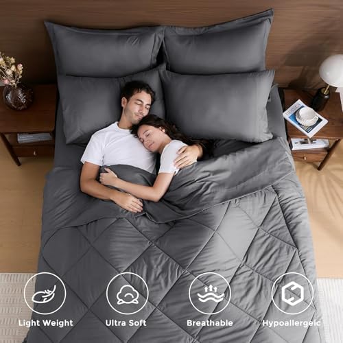 HEVUMYI 7 Pieces Queen Comforter Set, All Season Reversible Bed in a Bag Queen, Ultra Soft Queen Bedding Set with Grey Comforter, Flat Sheet, Fitted Sheet, Pillowcases, Pillow Shams, Dark Grey