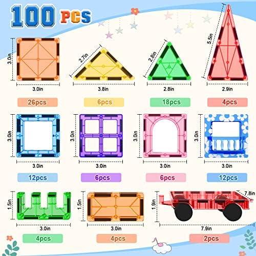 100PCS Magnetic Tiles STEM Building Toys Set with 2 Cars, Sensory Stacking Magnetic Blocks for Toddlers & Kids, Ideal for Preschool Montessori Toys Christmas Birthday Gifts for Boys & Girls Ages 3+