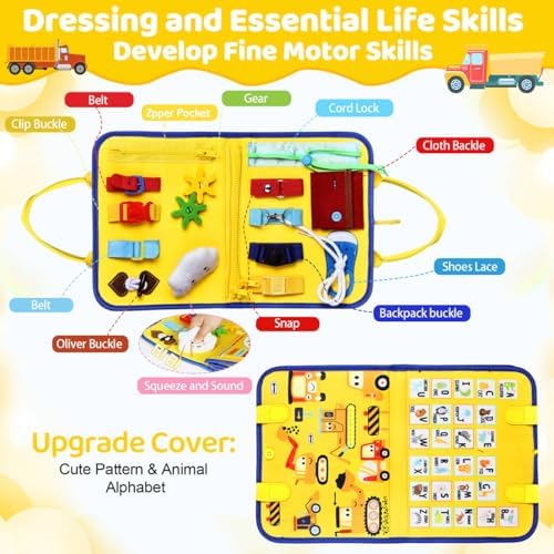 Esjay Toddler Busy Board Montessori Toys for Boys Girls, Sensory Board Educational Activities for Learning Fine Motor Skills, Birthday Gifts for Toddlers, Travel Toys for Airplane Car, Yellow Truck