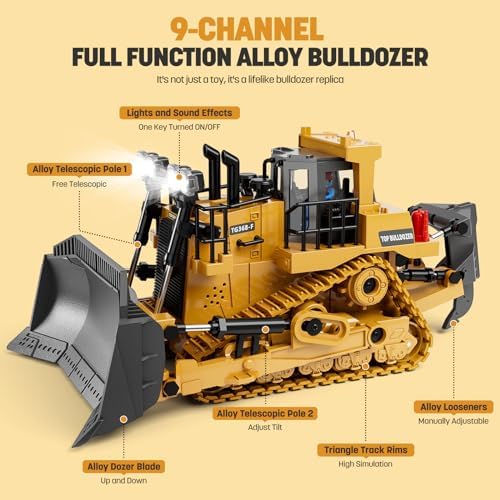 9-Channel Metal RC Bulldozer - Realistic Remote Control Kids Construction Play Toys with Lights and Sound, Track Type Tractor Toys for 3+ Boys, Perfect 2025 Kids Birthday Gift for Ages 3-12+