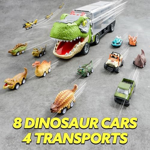 JOYIN 13 in 1 Dinosaur Toys for Kids 3-5, Dinosaur Truck with 12 Pull Back Cars, Small Cars Set, Birthday Gifts Toys for 3 4 5+ Year Old Boy, Transport Carrier Truck for Toddlers 3-4 Years