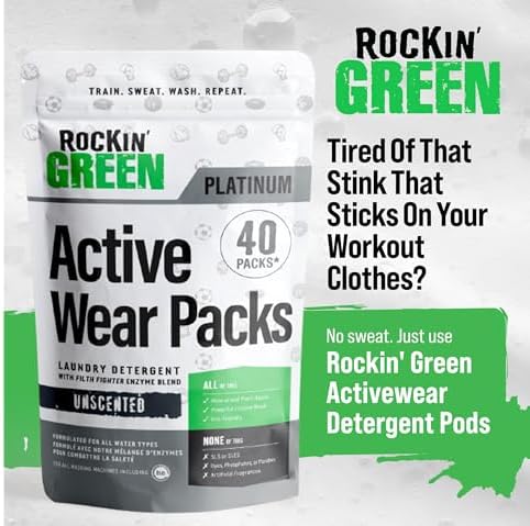 Rockin' Green Laundry Detergent Pods, Plant-based, All Natural, Vegan & Biodegradable Odor Fighter, Safe for Sensitive Skin (Unscented, Active Wear 40 Pods)
