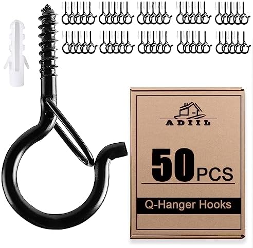ADIIL 50 PCS Q Hanger Hooks with Safety Buckle, Windproof Screw Hooks for Hanging Outdoor String Lights, Plants, Christmas Patio Lights, 2.2 Inches, Black