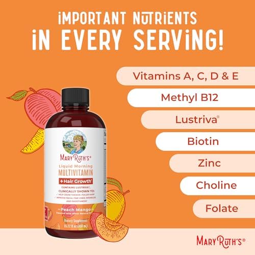 MaryRuth's Liquid Multivitamin + Hair Growth | Biotin 10000mcg | Lustriva Hair Growth Supplement | Clinically Tested in Women for Thicker Hair & Facial Wrinkles | Skin Care | Ages 18+ | 15.22 Fl Oz