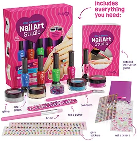 Nail Art Studio for Girls - Birthday Gift - Nail Polish Kit for Kids Ages 7-12 Years Old - Girl Gifts Ideas - Gift Set - Girly Stuff - Polish, Pens, Glitter, Stickers, Gems, Filer - 8 9 10 11 12 Year