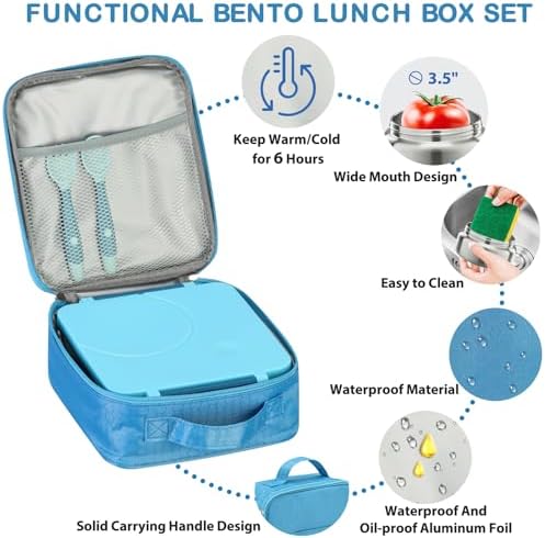 Bento Lunch Box Set for Kids with 8oz Soup Thermo, Leak-Proof Lunch Containers with 4 Compartment, Kids Thermo Hot Food Jar and Insulated Lunch Bag for Kid to School-Blue