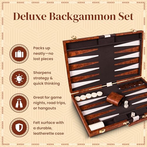 Crazy Games Backgammon Sets for Adults with Premium Leather Case | Classic Travel Backgammon Set for Adults and Kids with Strategy & Guide | 15 Inches | Medium | Brown
