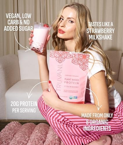 Truvani Vegan Pea Protein Powder | Strawberry | 20g Organic Plant Based Protein | 10 Servings | Keto | Gluten & Dairy Free | Low Carb | No Added Sugar