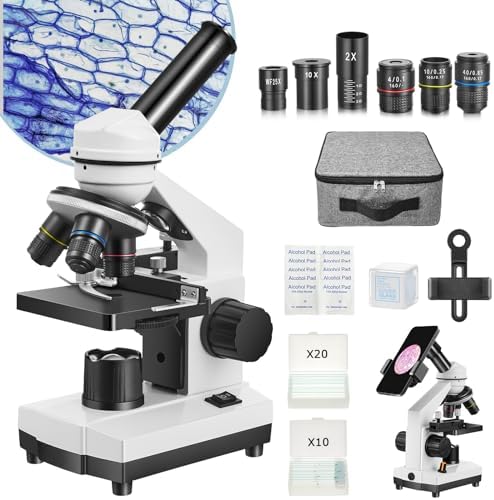 Microscope for Adults Kids Students, 40X-2000X Microscope for Beginners, Biological Microscope Kit with Phone Holder, 10pcs Specimen Slides, 20 Pcs Slides & 100pcs Coverslips, Storage Bag