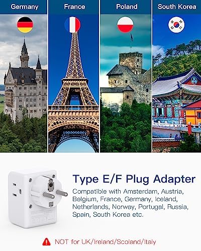2 Pack Germany France Travel Plug Adapter with 3 Outlets 3 USB Charging Ports(1 USB C), Type E/F International Power Adapter, Travel Essentials US to Europe France Germany South Korea Netherlands