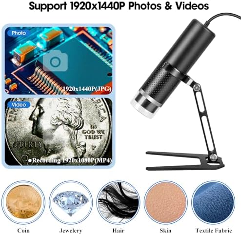 Digital USB Microscope Camera for iPhone iPad Android Phone Tablet, 50 to 1000X Mobile Coin Adult Student Kid Scope Jewelers Loupe 1920x1440P Recording with Metal Stable Stand - Not for PC
