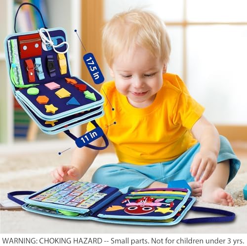 Esjay Toddler Busy Board Montessori Toys for Boys, Sensory Board Educational Activities for Learning Fine Motor Skills, Birthday Gifts for Boys Toddlers, Travel Toys for Airplane Car, Blue Dinosaur