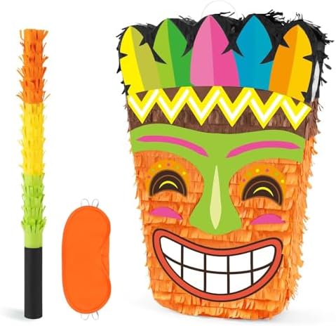 WERNNSAI Tiki Piñata -Tropical Hawaii Piñata with Blindfold and Bat for Girls Boys Kids Piñata Hawaiian Luau Themed Party Decorations for Summer Birthday Party Supplies Carnivals Festivals Celebration