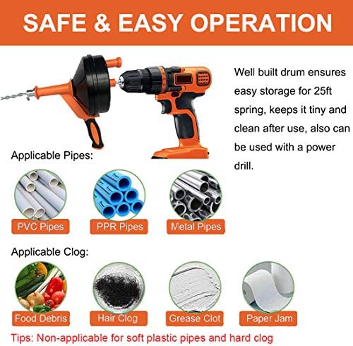 Drain Auger, Clog Remover with Drill Adapter, 25 Feet Flexible Plumbing Snake Use Manually or Powered for Kitchen,Bathrom and Shower Sink, Comes with Gloves (orange)