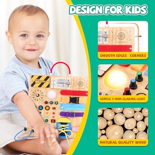 Busy Board,Montessori Toys for 1-3 Years Old, Wooden Toddler Toys, Autism Sensory Travel Toy, Ideal Gift for 1+ Year Old Boys (Busy Board Plus v3)
