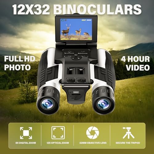 Binoculars with Camera Built in – Digital 12x32 HD Binocular Camera, Tripod Included - 48MP Photos, 2.5K Video, 8X Zoom, with 32GB Memory Card