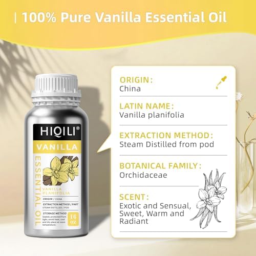 HIQILI 16 Ounces Vanilla Essential Oil, Strong Fragrance for Body Lotion, Candle Making, Soap, Aromatherapy -16 Fl Oz